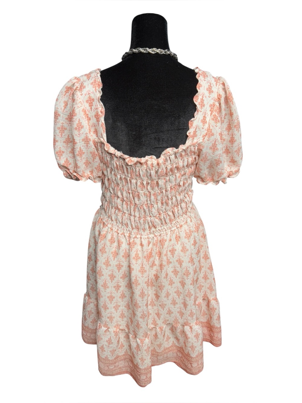 Mine smocked puff sleeve mini dress pink cream boho cottagecore size L - Picture 6 of 7